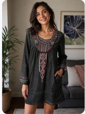 Monoreno Denim-Style Top with Coral & Teal Embroidery